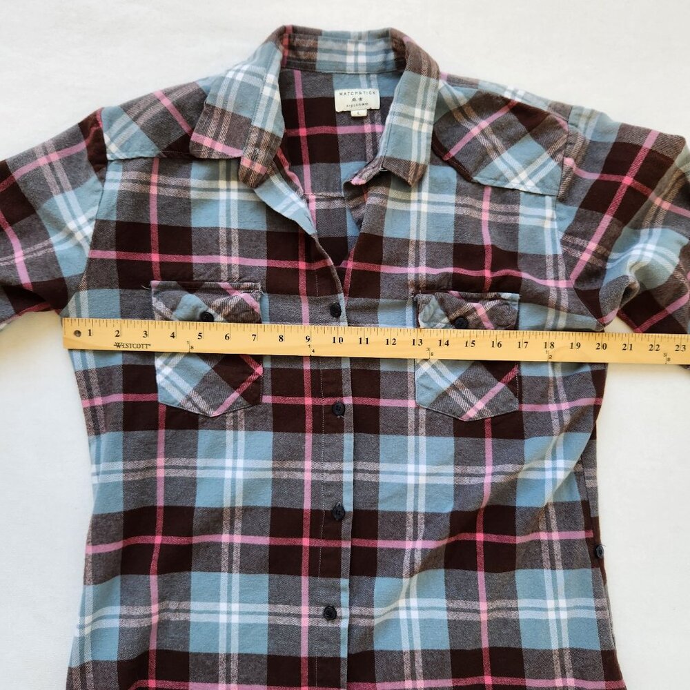 Matchstick Plaid Flannel Button-Up Shirt Blue Brown Pink Cabincore Woodsy Rustic - Picture 8 of 9